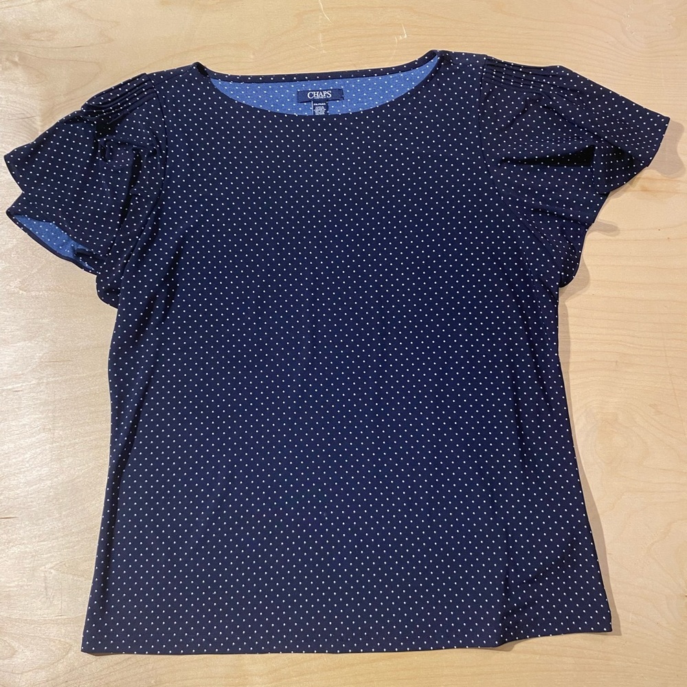 Chaps Navy and White Polka Dot Short Sleeve Top PXL (QL)